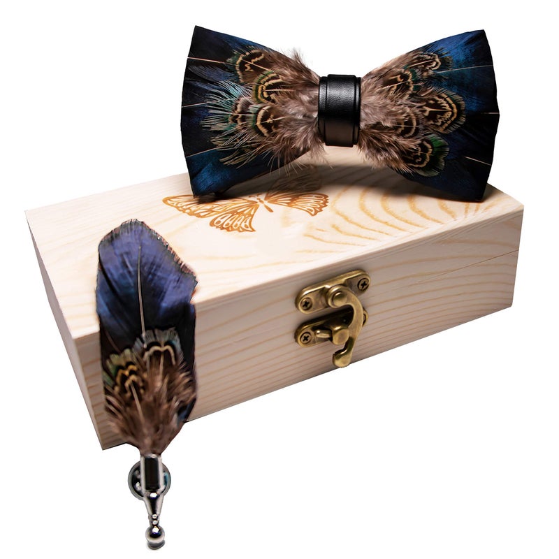 RBOCOTT Blue Feather Pre-tied Bow tie Leather Bowtie and Brooch Sets for Men(1) - Image 5